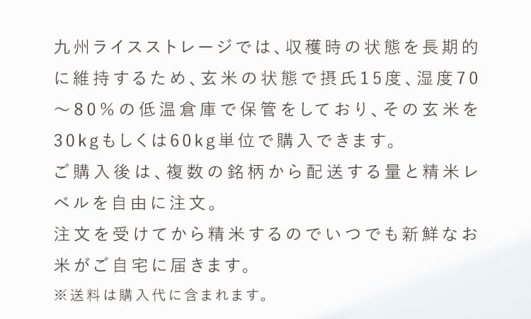 九州ライスストレージでは、収穫時の状態を長期的に維持するため、玄米の状態で摂氏15度、湿度70～80％の低温倉庫で保管をしており、その玄米を30kgもしくは60kg単位で購入できます。ご購入後は複数の銘柄から配送する量と精米レベルを自由に注文。注文を受けてから精米するのでいつでも新鮮なお米がご自宅に届きます。※送料は購入代に含まれます。
