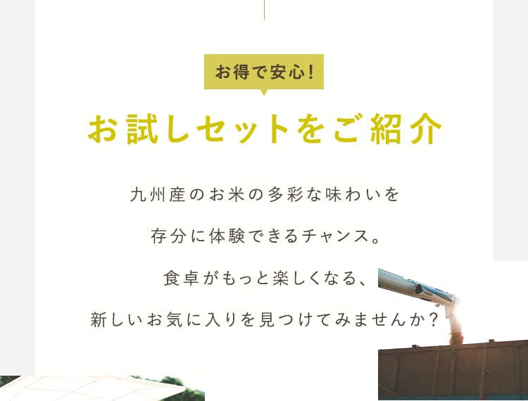 お得で安心！お試しセットをご紹介。九州産のお米の多彩な味わいを存分に体験できるチャンス。食卓がもっと楽しくなる、新しいお気に入りを見つけてみませんか？