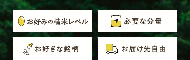 お好みの精米レベル、必要な分量、お好きな銘柄、お届け先自由