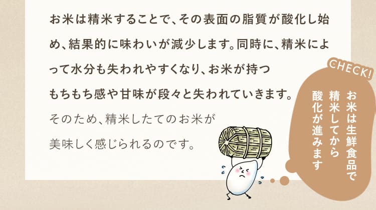 お米は精米することで、その表面の脂質が酸化し始め、結果的に味わいが減少します。同時に、精米によって水分も失われやすくなり、お米が持つもちもち感や甘味が段々と失われていきます。そのため、精米したてのお米が美味しく感じられるのです。お米は生鮮食品で精米してから酸化が進みます