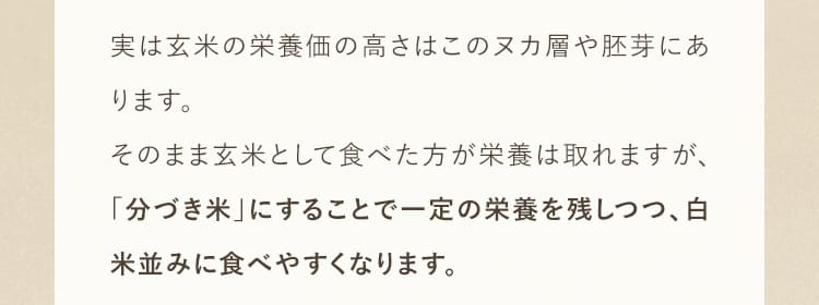 実は玄米の栄養価の高さはこのヌカ層や胚芽にあります。そのまま玄米として食べた方が栄養は取れますが、「分づき米」にすることで一定の栄養を残しつつ、白米並みに食べやすくなります。
